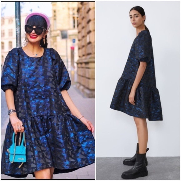 NWT ZARA Women’s Blue Black Camo Jacquard Volume Cool Dress XS X-Small Medium M - Picture 2 of 13